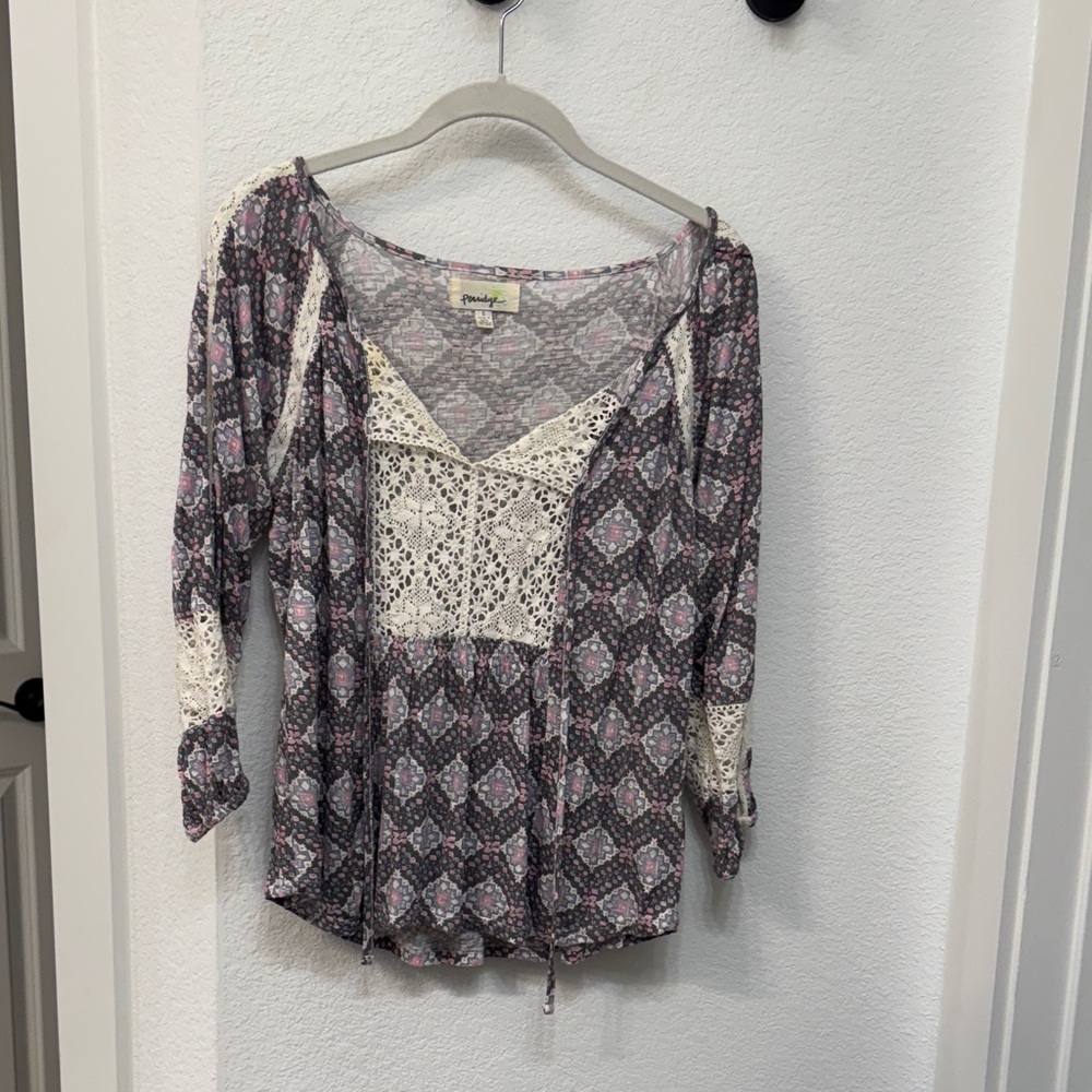 Anthropologie Purple and Cream Patterned Blouse